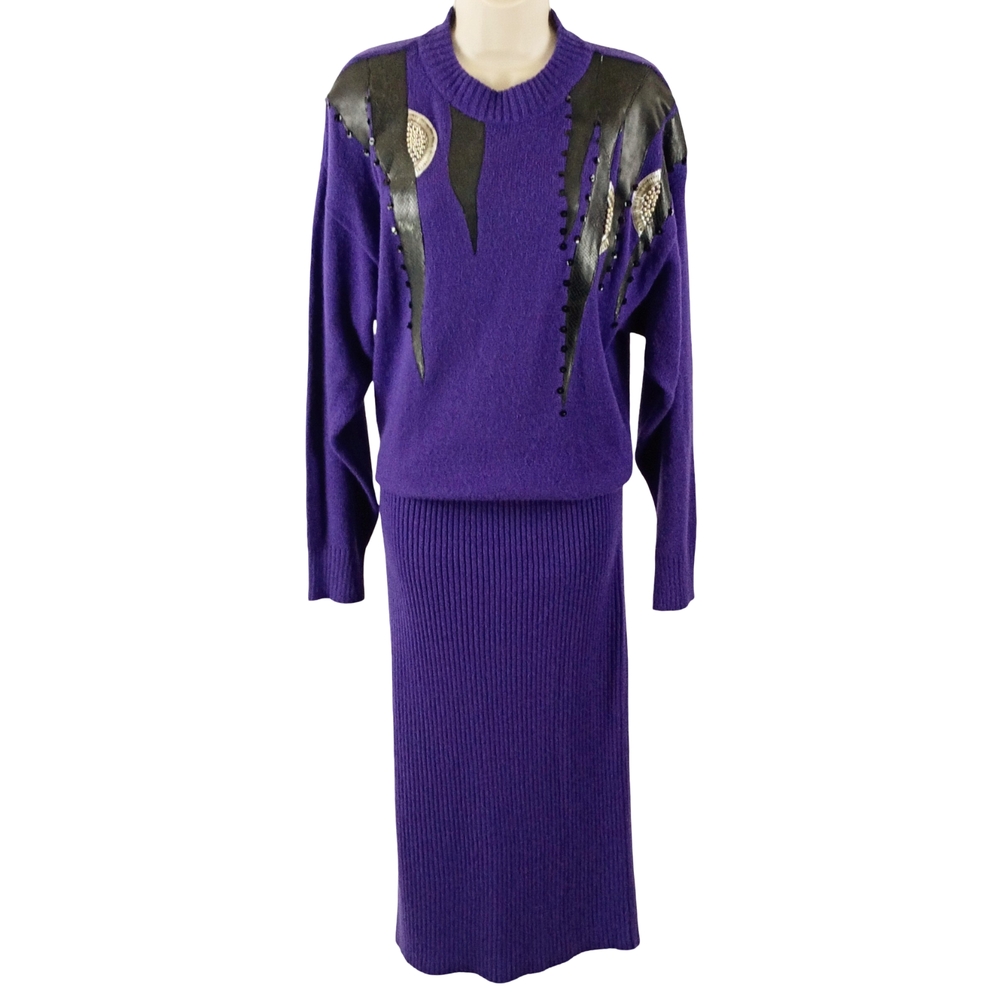 Vintage Maggie Lawrence Purple Knit Dress with Leather Accents